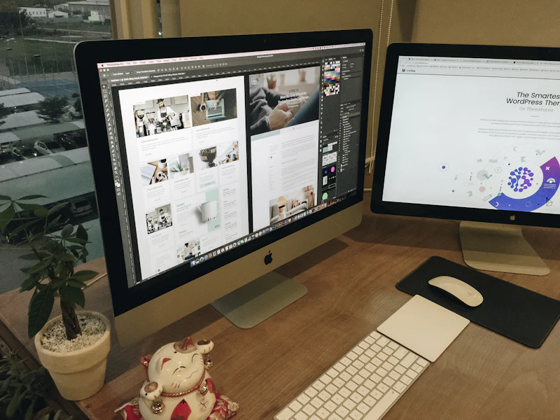 Een websiteontwerp op twee grote beeldschermen op een werkplek.